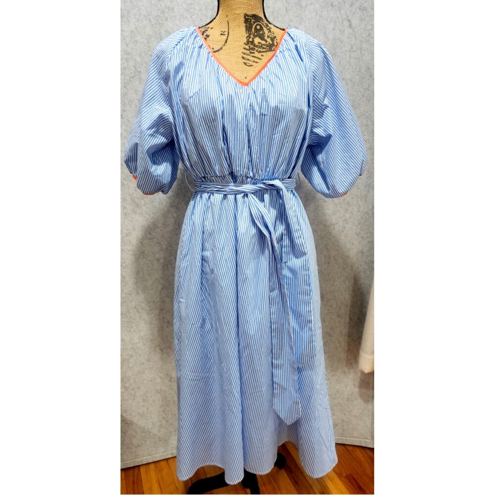 THML Blue White Striped Midi Dress Orange Trim Puff Sleeve Belted Size M